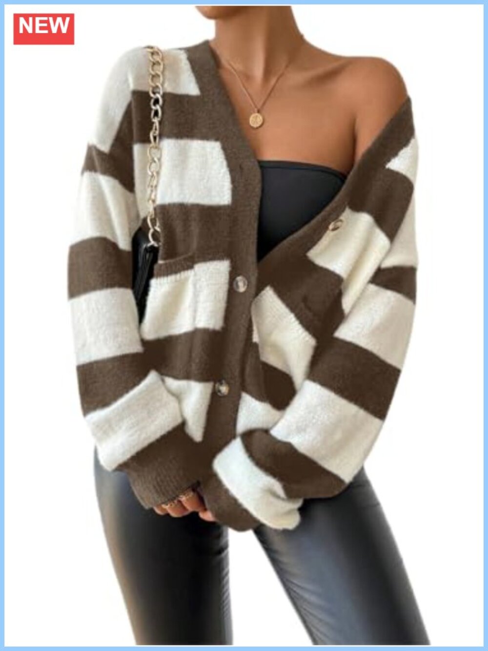 Women's Chunky Knit Striped Button Up Cardigan with Pockets V-Neck Long Sleeve